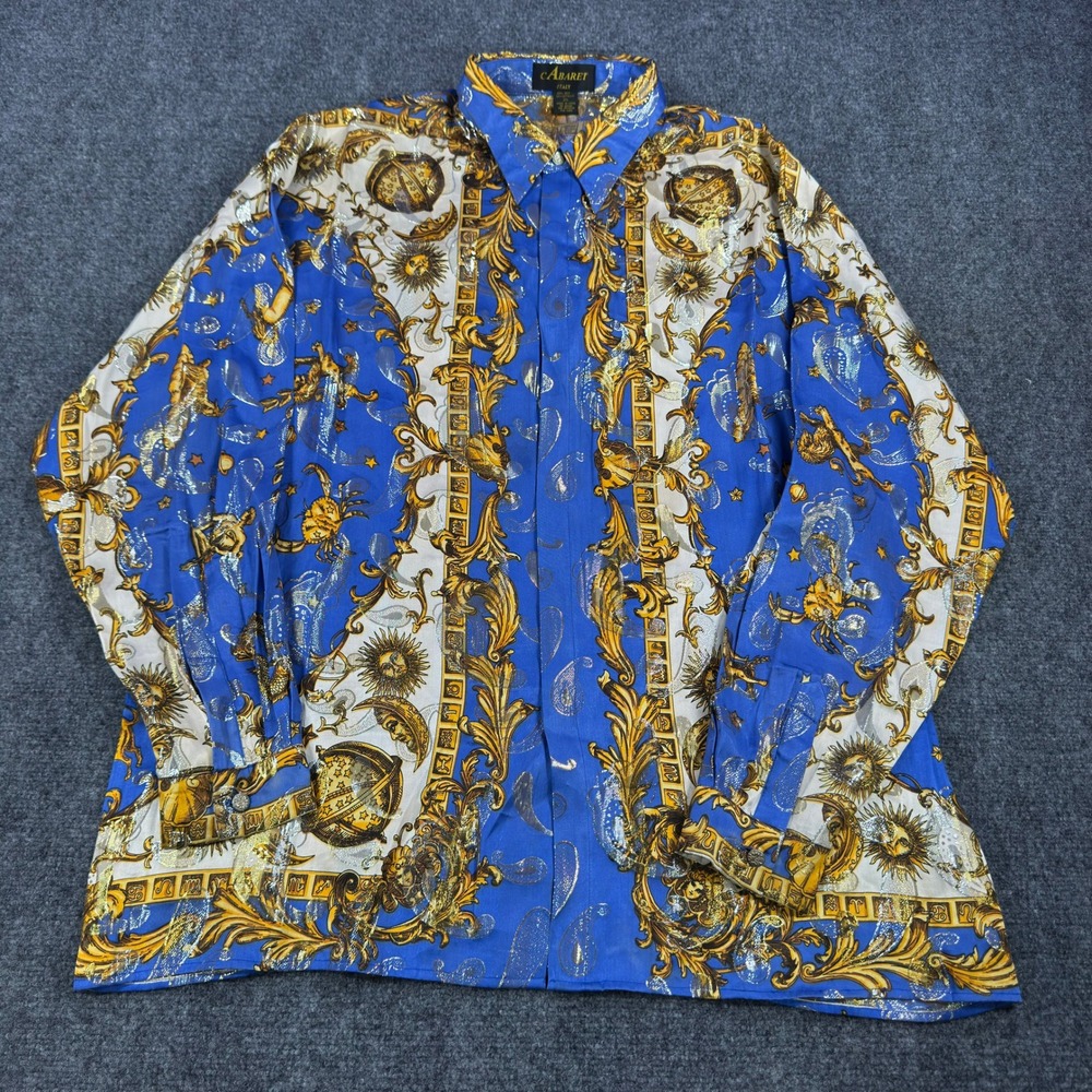 Cabaret Italy Mens 2XL Silk Metallic Zodiac Celestial Print Button Down Shirt